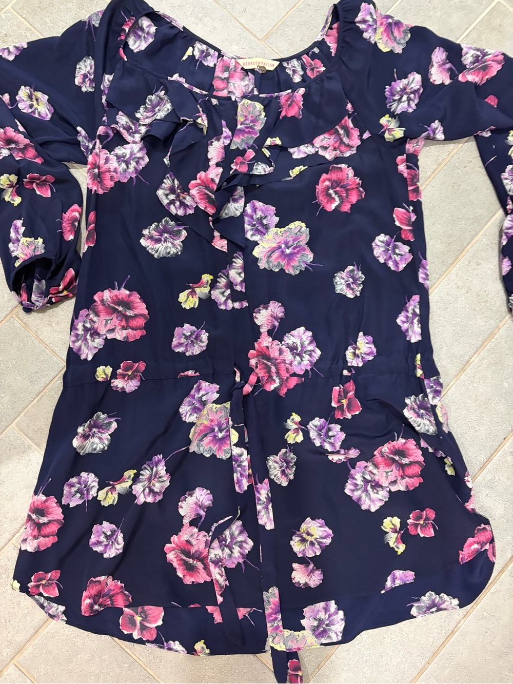 Rebecca Taylor Silk Navy Floral Tie-Waist Dress